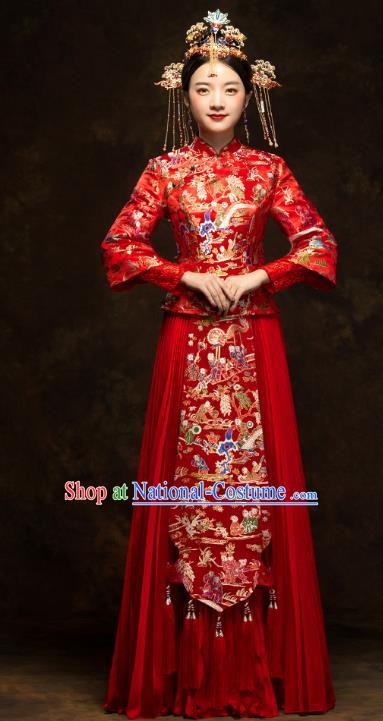 China Classical Hundred Children Painting Xiuhe Suits Traditional Bride Costumes Wedding Toast Dress