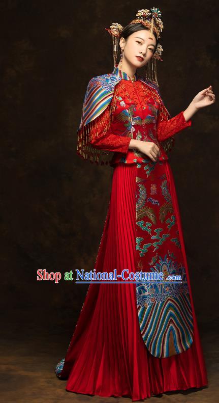 China Wedding Red Toast Dress Classical Phoenix Painting Xiuhe Suits Traditional Bride Costumes