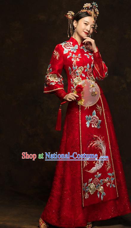 China Classical Embroidered Phoenix Peony Xiuhe Suits Traditional Bride Costumes Wedding Red Toast Dress