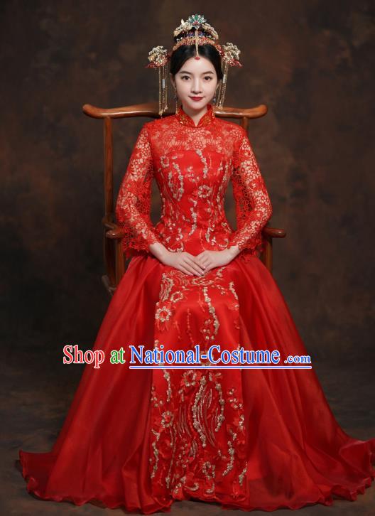 China Classical Bride Costumes Toast Dress Traditional Wedding Red Lace Xiuhe Suits