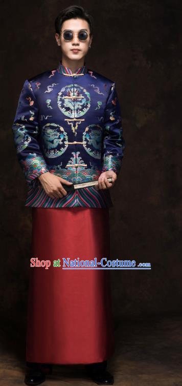 Chinese Wedding Bridegroom Tang Suit Costumes Traditional Deep Blue Mandarin Jacket and Red Long Robe