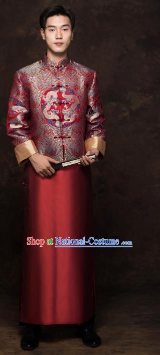 Chinese Tang Suit Embroidered Dragon Red Mandarin Jacket and Long Robe Traditional Wedding Bridegroom Costumes