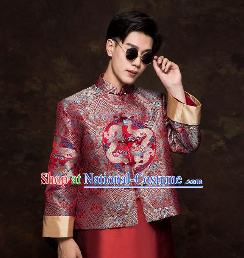 Chinese Tang Suit Embroidered Dragon Red Mandarin Jacket and Long Robe Traditional Wedding Bridegroom Costumes