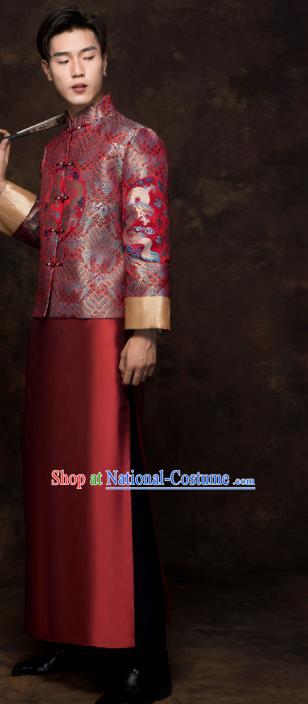 Chinese Tang Suit Embroidered Dragon Red Mandarin Jacket and Long Robe Traditional Wedding Bridegroom Costumes