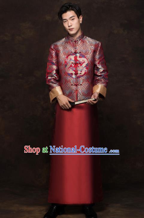 Chinese Tang Suit Embroidered Dragon Red Mandarin Jacket and Long Robe Traditional Wedding Bridegroom Costumes