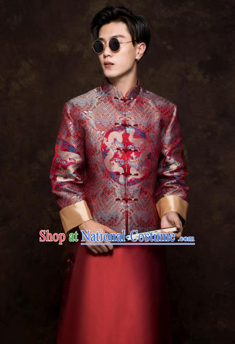 Chinese Tang Suit Embroidered Dragon Red Mandarin Jacket and Long Robe Traditional Wedding Bridegroom Costumes