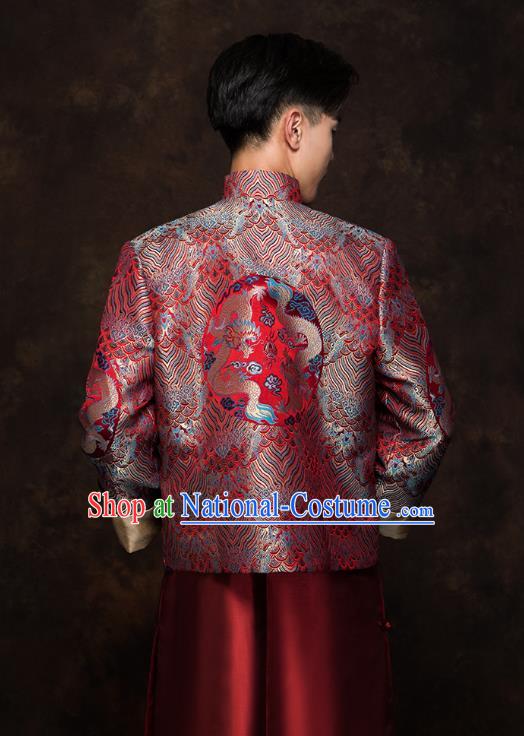 Chinese Tang Suit Embroidered Dragon Red Mandarin Jacket and Long Robe Traditional Wedding Bridegroom Costumes