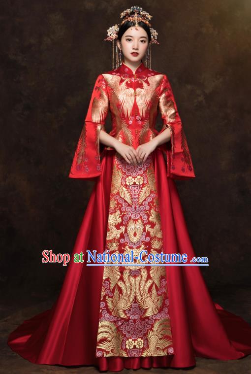 China Wedding Toast Dress Classical Embroidered Phoenix Red Blouse and Skirt Traditional Bride Xiuhe Suit Costumes