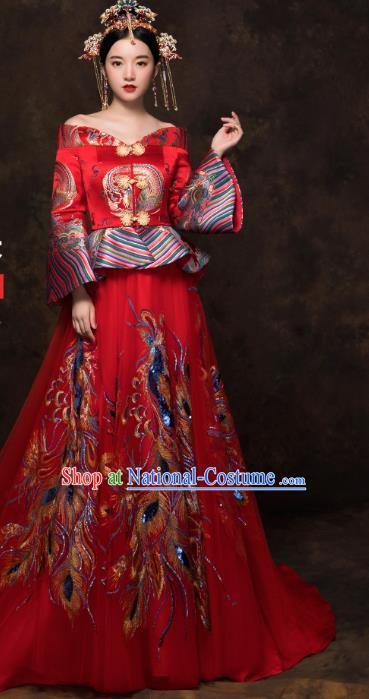 China Classical Embroidered Blouse and Skirt Traditional Bride Xiuhe Suit Costumes Wedding Toast Trailing Dress