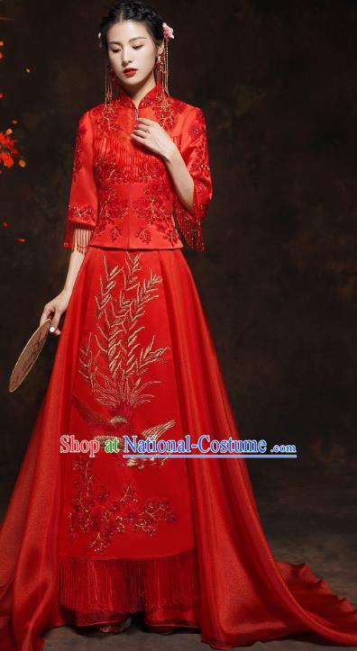 China Traditional Bride Xiuhe Suit Costumes Wedding Toast Trailing Dress Classical Embroidered Blouse and Skirt