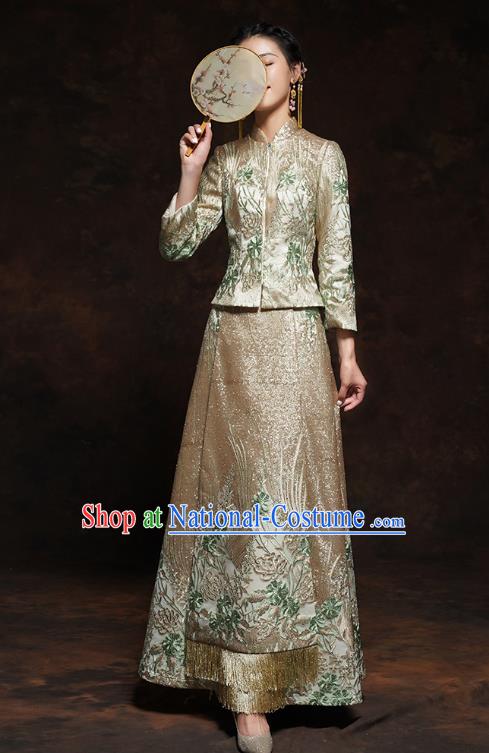 China Classical Wedding Bride Toast Dress Embroidered Golden Blouse and Skirt Traditional Xiuhe Suit Costumes