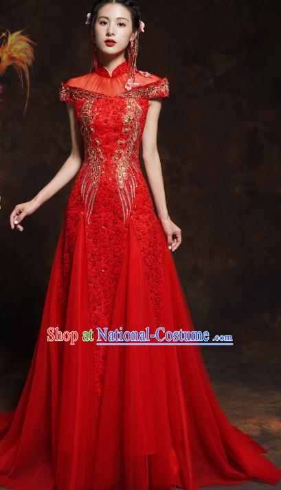 Chinese Classical Embroidered Red Toast Dress Traditional Wedding Bride Cheongsam Clothing