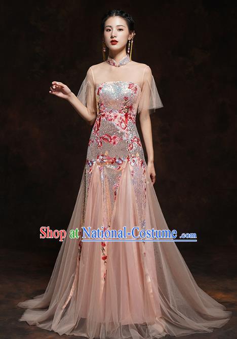 Chinese Traditional Wedding Bride Champagne Veil Cheongsam Clothing Classical Embroidered Sequins Toast Dress