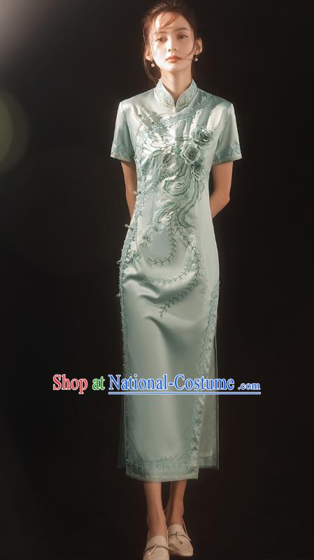 China Traditional Embroidered Qipao Dress National Stage Performance Light Green Cheongsam