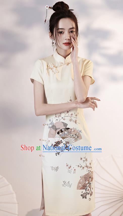 Chinese Young Lady Light Yellow Short Cheongsam Clothing Modern Dance Printing Plum Fan Qipao Dress