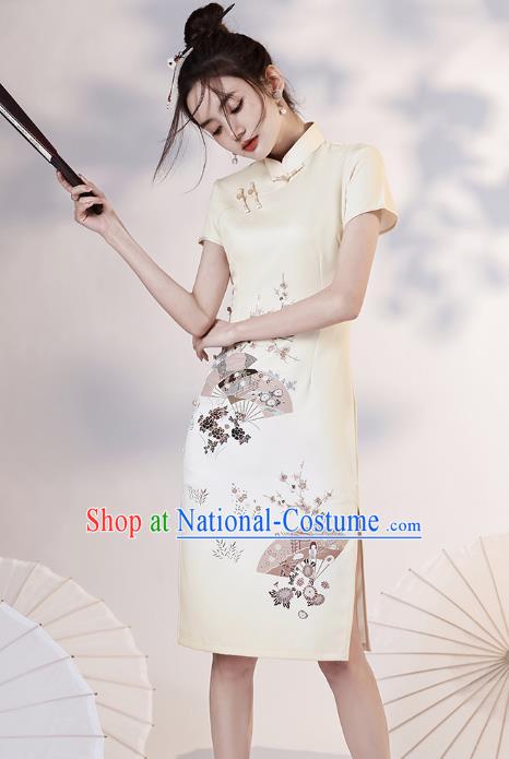 Chinese Young Lady Light Yellow Short Cheongsam Clothing Modern Dance Printing Plum Fan Qipao Dress