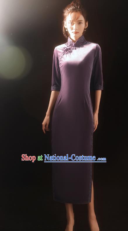 China Traditional Purple Velvet Qipao Dress National Stage Performance Stand Collar Cheongsam