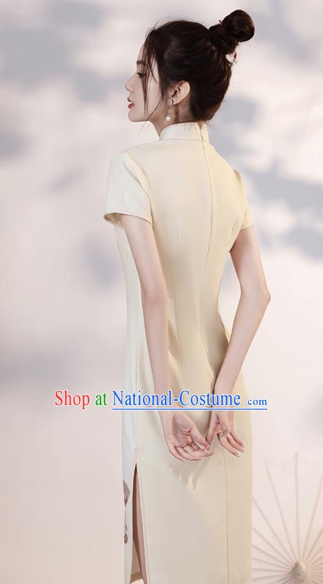 Chinese Young Lady Light Yellow Short Cheongsam Clothing Modern Dance Printing Plum Fan Qipao Dress