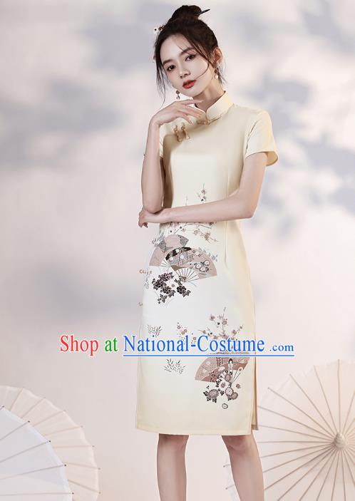 Chinese Young Lady Light Yellow Short Cheongsam Clothing Modern Dance Printing Plum Fan Qipao Dress