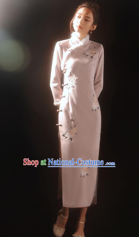 China Traditional Winter Pink Woolen Qipao Dress National Stage Performance Embroidered Cheongsam