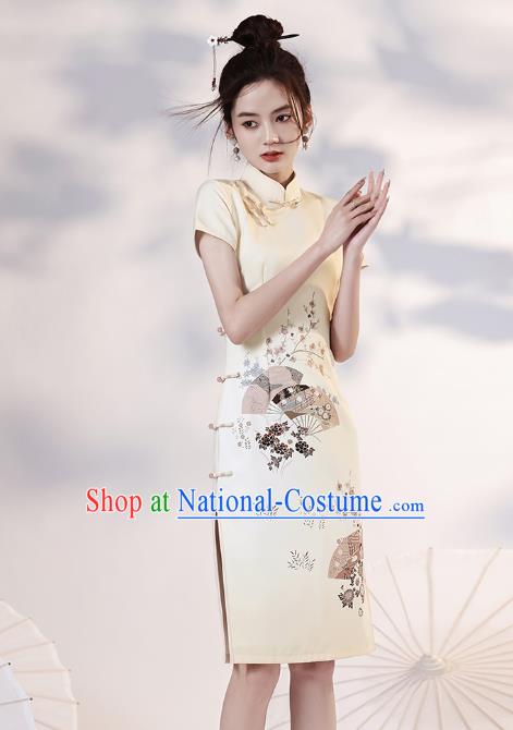 Chinese Young Lady Light Yellow Short Cheongsam Clothing Modern Dance Printing Plum Fan Qipao Dress