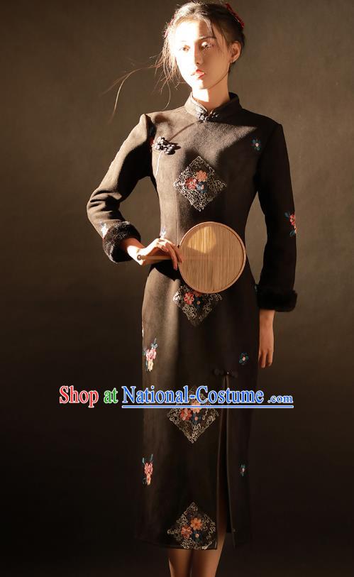 China Traditional Embroidered Black Woolen Qipao Dress National Stage Performance Classical Dance Cheongsam