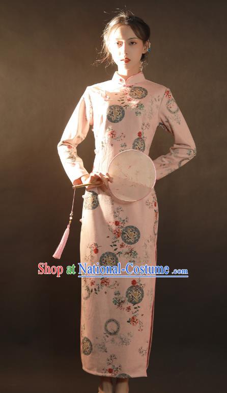 China Traditional Stage Performance Qipao Dress National Classical Dance Pink Suede Fabric Cheongsam