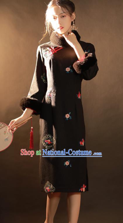 China Traditional Winter Woman Qipao Dress National Classical Dance Embroidered Black Woolen Cheongsam