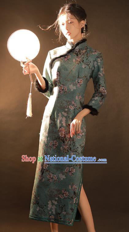 China Traditional Printing Green Woolen Qipao Dress National Winter Classical Dance Cheongsam