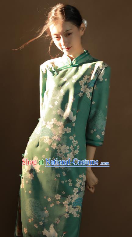 China Traditional Printing Plum Blossom Qipao Dress National Young Woman Green Suede Fabric Cheongsam