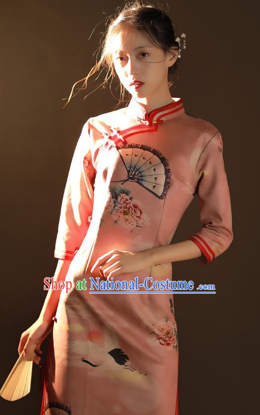 China Traditional Printing Peony Crane Qipao Dress National Young Woman Pink Suede Fabric Cheongsam