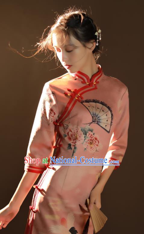 China Traditional Printing Peony Crane Qipao Dress National Young Woman Pink Suede Fabric Cheongsam