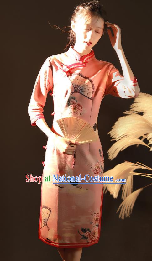 China Traditional Printing Peony Crane Qipao Dress National Young Woman Pink Suede Fabric Cheongsam