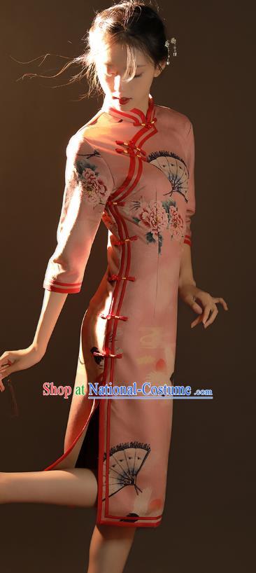 China Traditional Printing Peony Crane Qipao Dress National Young Woman Pink Suede Fabric Cheongsam