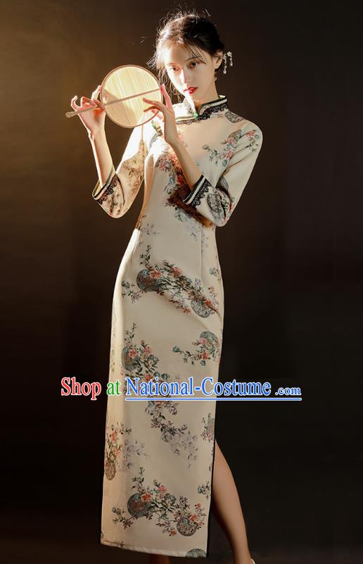 China Traditional Printing White Suede Fabric Qipao Dress National Young Woman Stage Performance Cheongsam