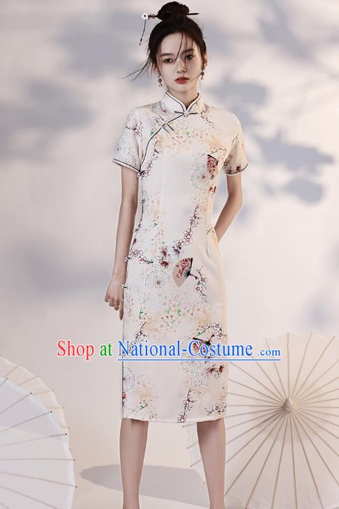 Chinese Young Lady Printing Plum Fan Cheongsam Clothing Modern Dance Beige Qipao Dress