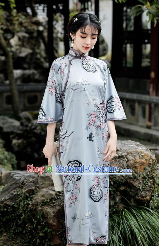 Republic of China Traditional Printing Light Green Qipao Dress National Young Woman Cheongsam