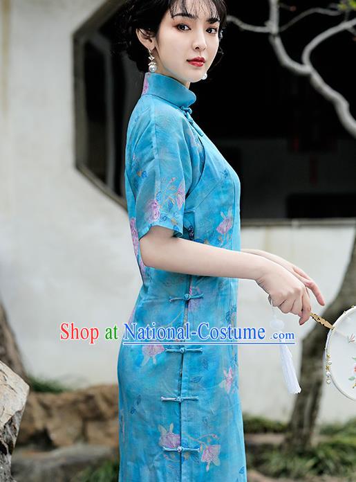 Republic of China National Young Woman Cheongsam Traditional Printing Peony Blue Flax Qipao Dress