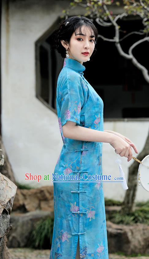 Republic of China National Young Woman Cheongsam Traditional Printing Peony Blue Flax Qipao Dress