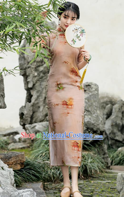 Republic of China Traditional Printing Apricot Flax Qipao Dress National Young Lady Cheongsam