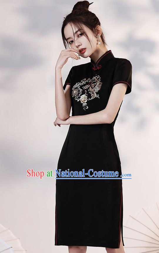 Chinese Young Lady Embroidered Phoenix Peony Cheongsam Clothing Modern Dance Black Short Qipao Dress