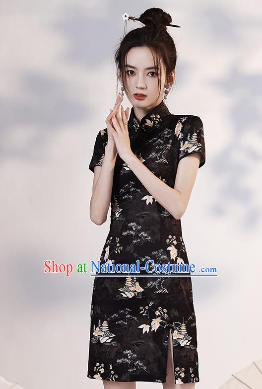 Chinese Printing Black Short Cheongsam Clothing Modern Dance Young Lady Qipao Dress