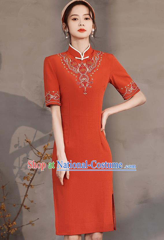 Chinese Stand Collar Cheongsam Clothing Modern Dance Young Lady Embroidered Red Qipao Dress