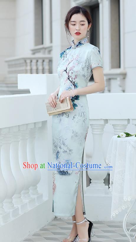 Republic of China National Light Blue Cheongsam Traditional Shanghai Young Lady Printing Peony Qipao Dress