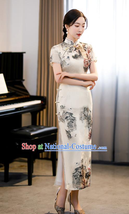 Republic of China National Young Lady Beige Cheongsam Traditional Shanghai Printing Landscape Qipao Dress