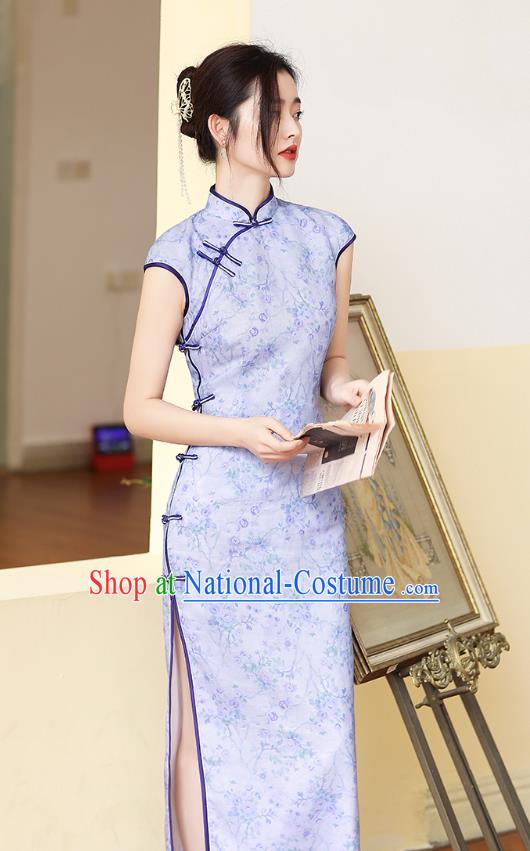 Republic of China National Lilac Ramine Cheongsam Traditional Young Lady Sleeveless Qipao Dress