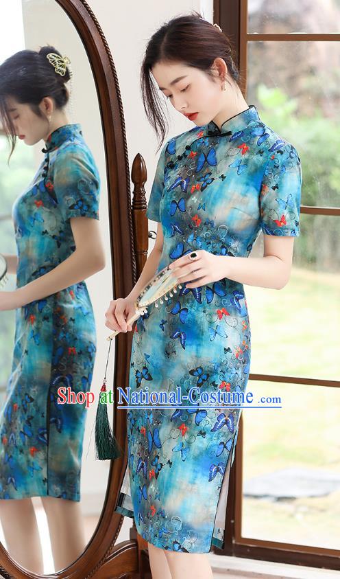 Republic of China National Printing Butterfly Blue Ramine Cheongsam Traditional Young Lady Short Qipao Dress