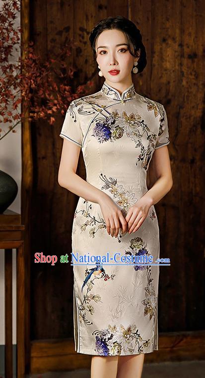 Republic of China National Elderly Woman Cheongsam Traditional Printing Mother Short Qipao Dress