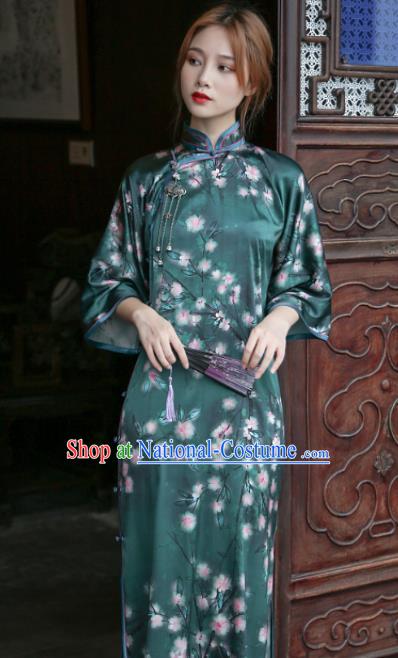 Republic of China National Printing Deep Green Silk Cheongsam Traditional Young Lady Slant Opening Qipao Dress