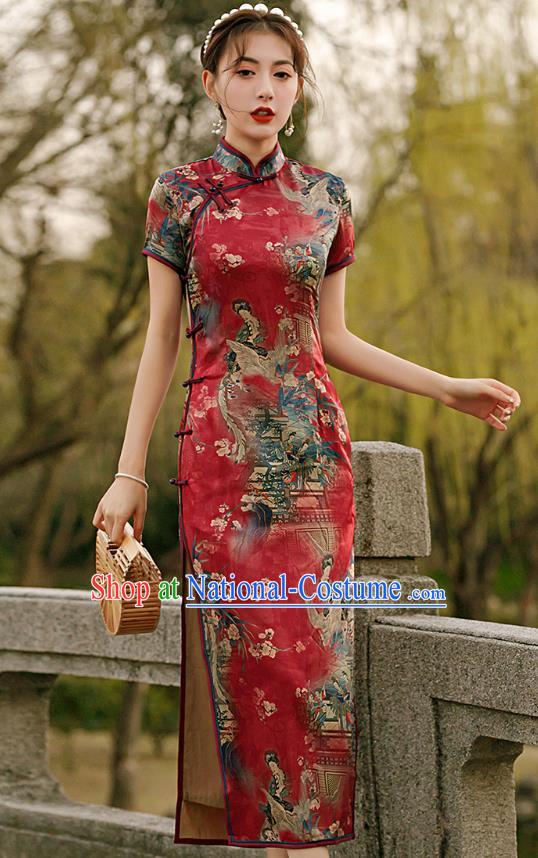 Republic of China National Woman Mother Cheongsam Traditional Printing Red Qipao Dress